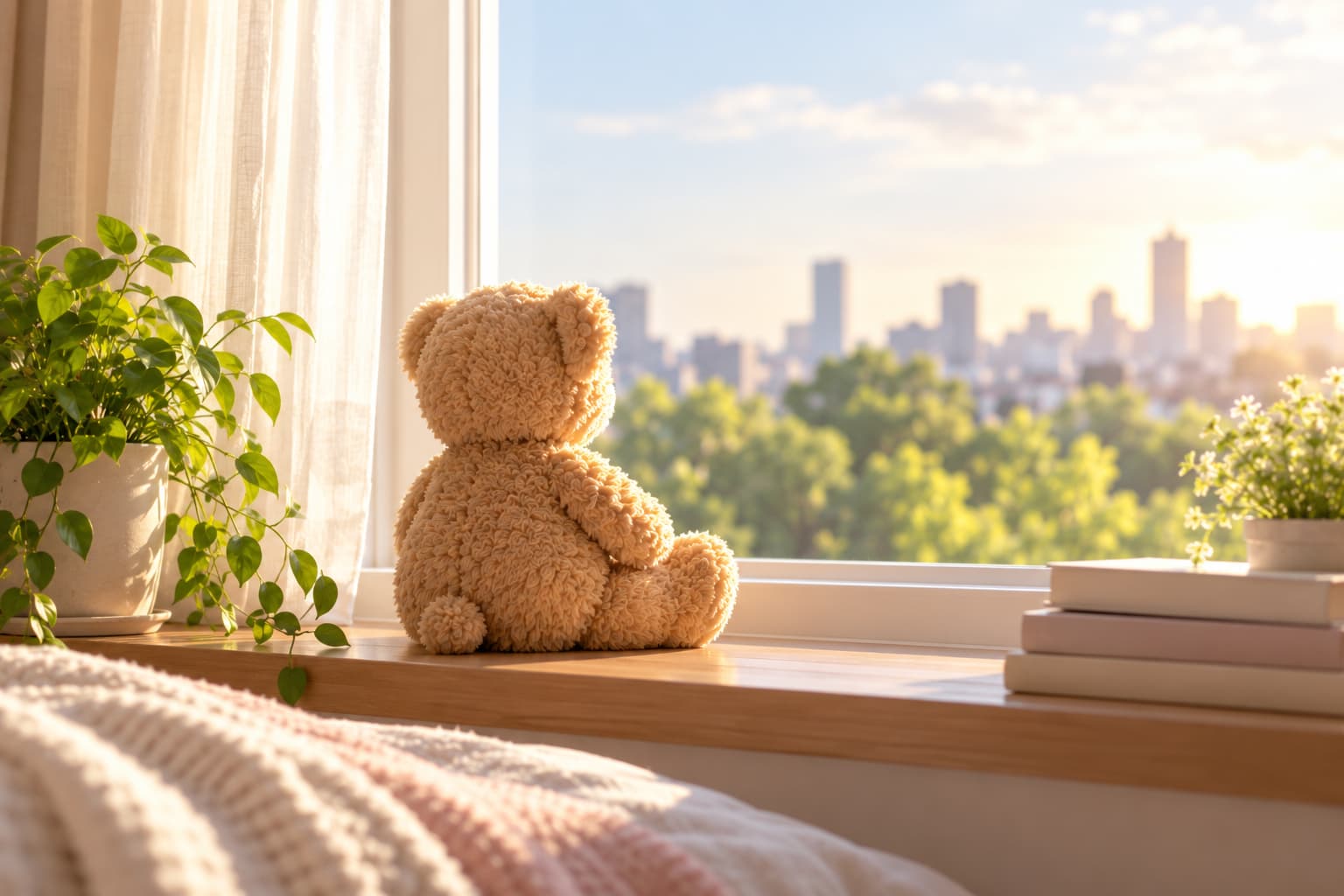 明るい朝の光が差し込む部屋で、窓の外へ目を向けるテディベア