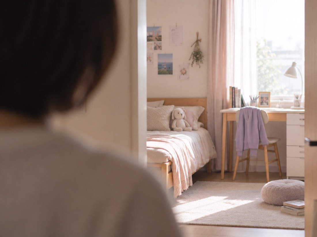 ドアの向こうの子ども部屋を、そっと見ている母親の後ろ姿