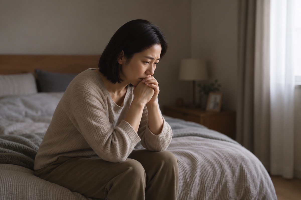 寝室のベッドに腰かけ、手を組んでうつむいている母親
