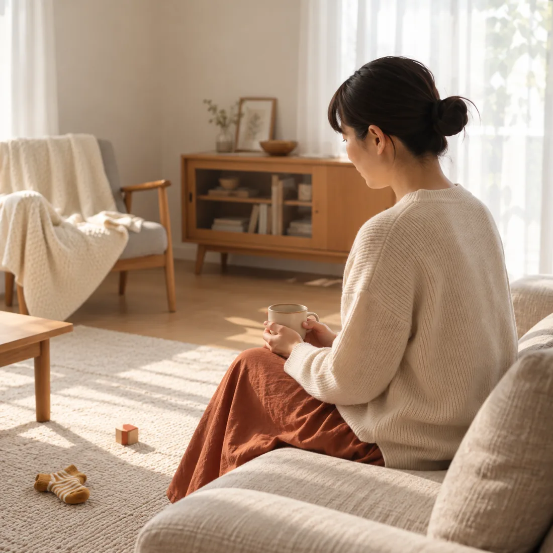 ソファに腰かけ、ひと息つく母親