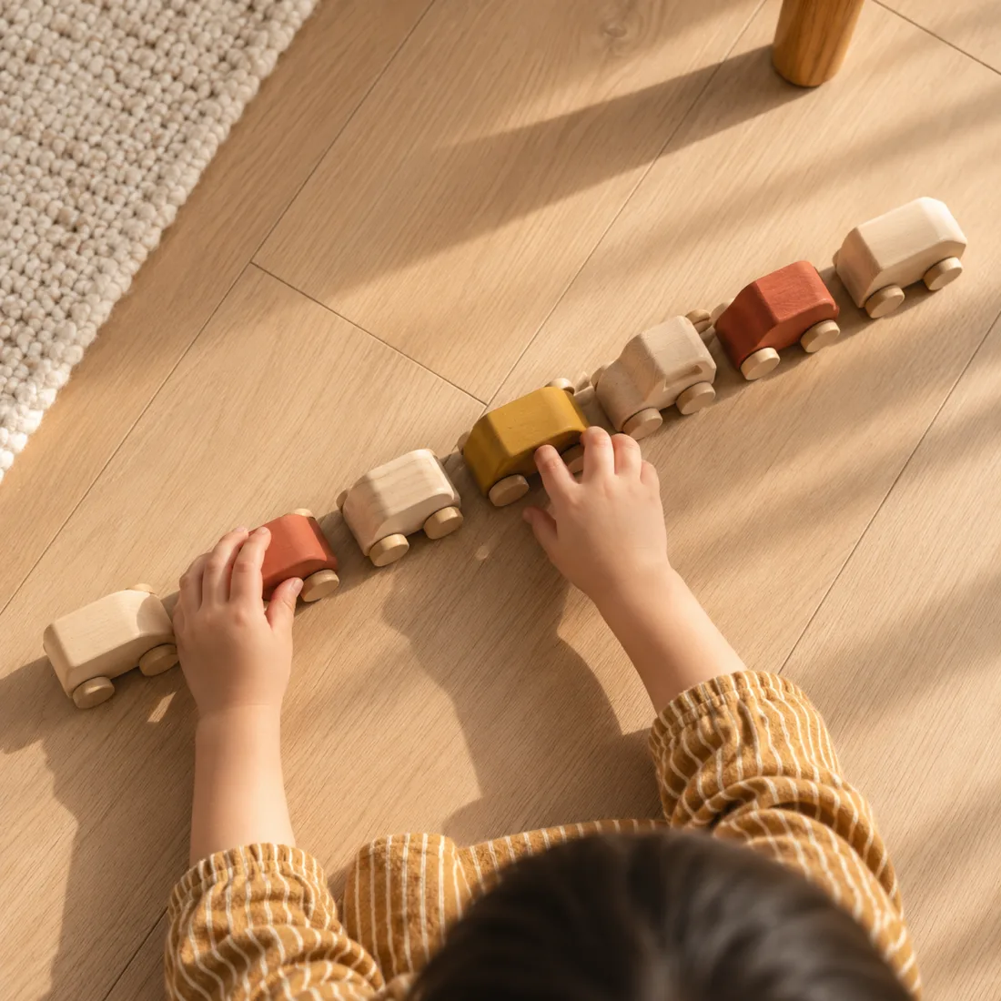 木のおもちゃの車を一列に並べる子どもの手