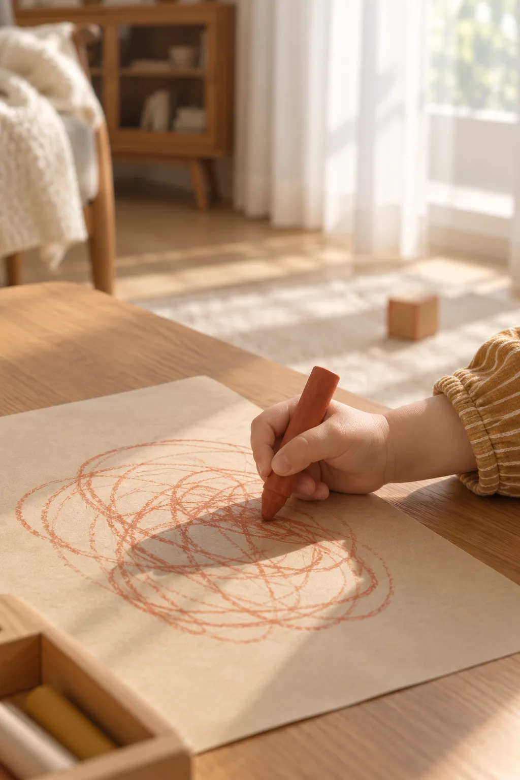 クレヨンで円を描く子どもの手