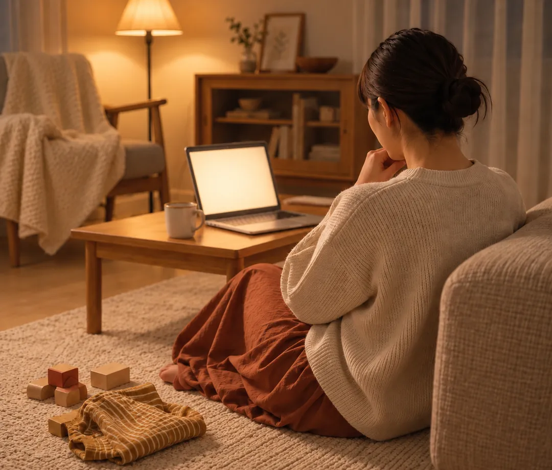 夜、子どもが寝たあとにノートパソコンに向かう母親の後ろ姿