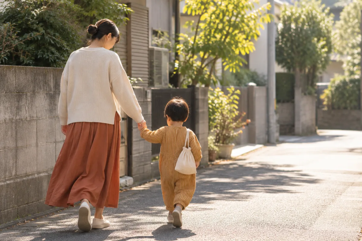 手をつないで歩く母親と子どもの後ろ姿