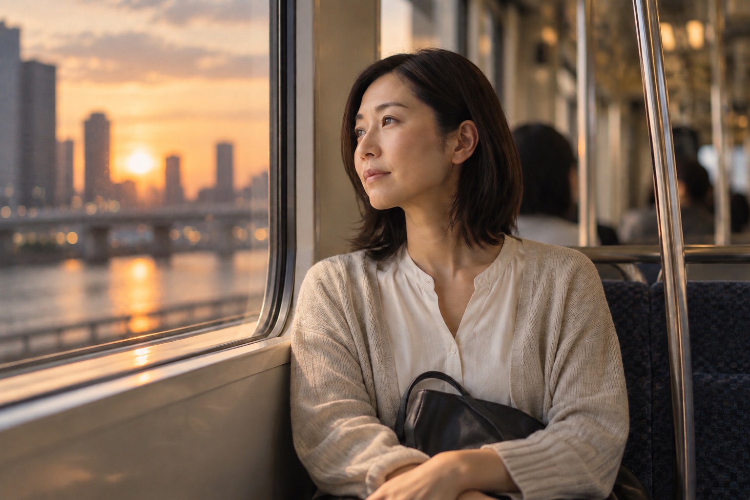 夕暮れの電車の窓ぎわに座り、外の景色を見ている女性