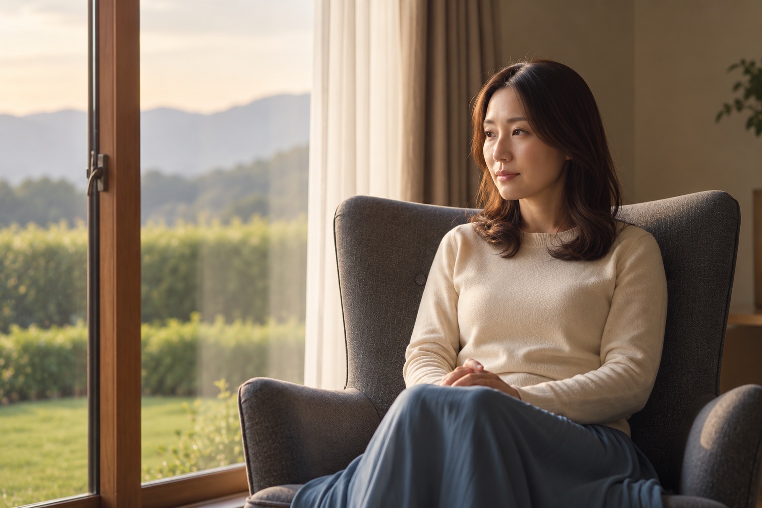 大きな窓のある部屋の椅子に腰かけ、外を眺めている女性