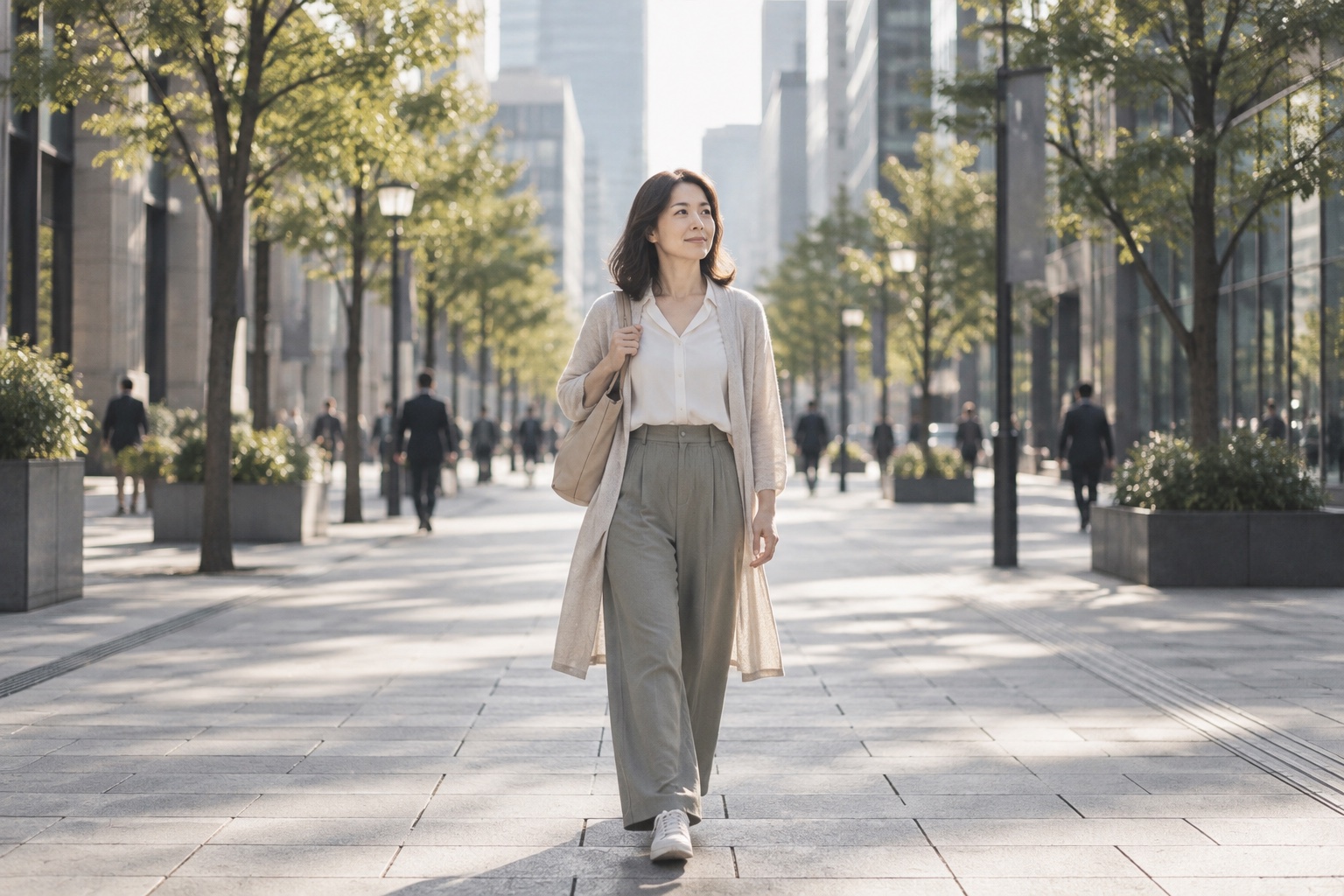 街の並木道を、前を向いて歩いている女性