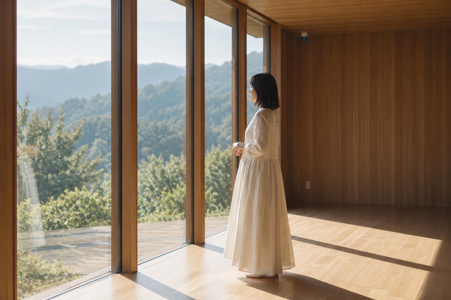 木の壁の広い部屋で、窓越しに遠くの山並みを眺めて立っている女性
