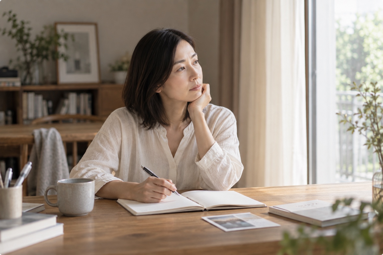 机に向かい、ノートに書きながら考えている女性
