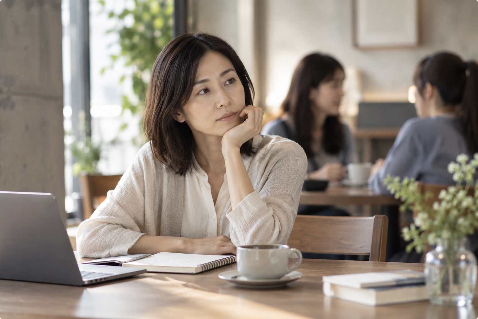 カフェの席で頬杖をつき、手元のノートから顔を上げて考えている女性