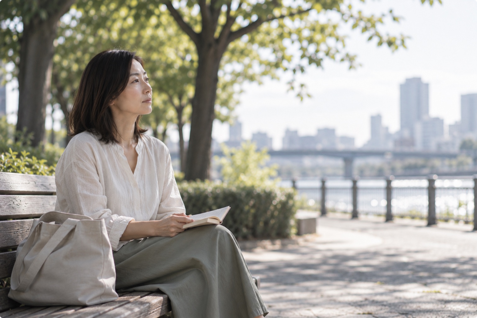 川沿いのベンチに腰かけ、本を手に外の景色を見ている女性