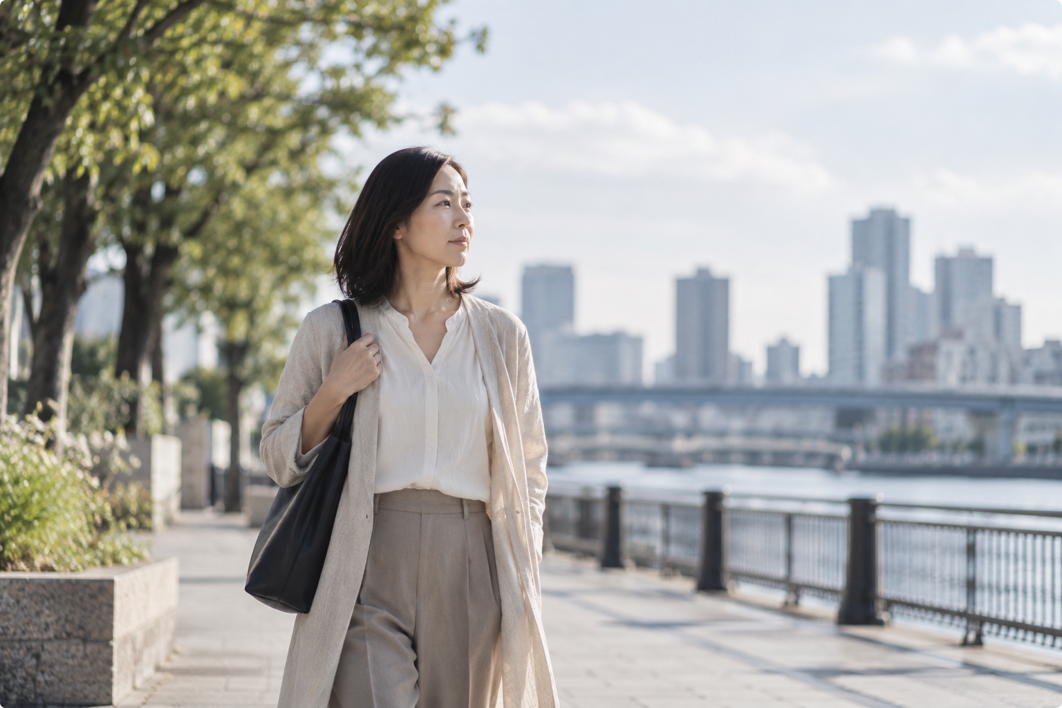 川沿いの並木道を、自分のペースで歩いている女性