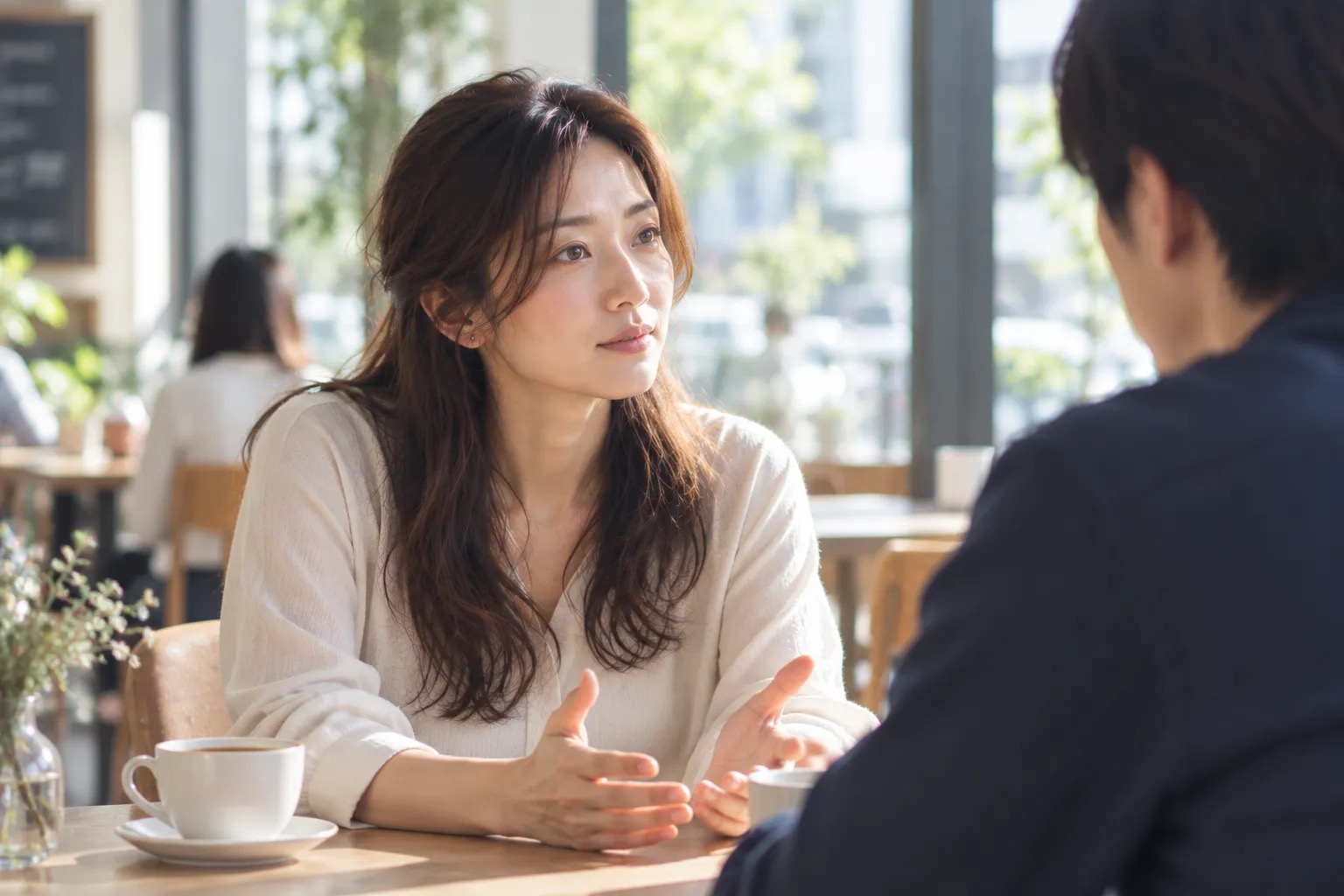 カフェで、相手に向かって落ち着いた表情で話している女性