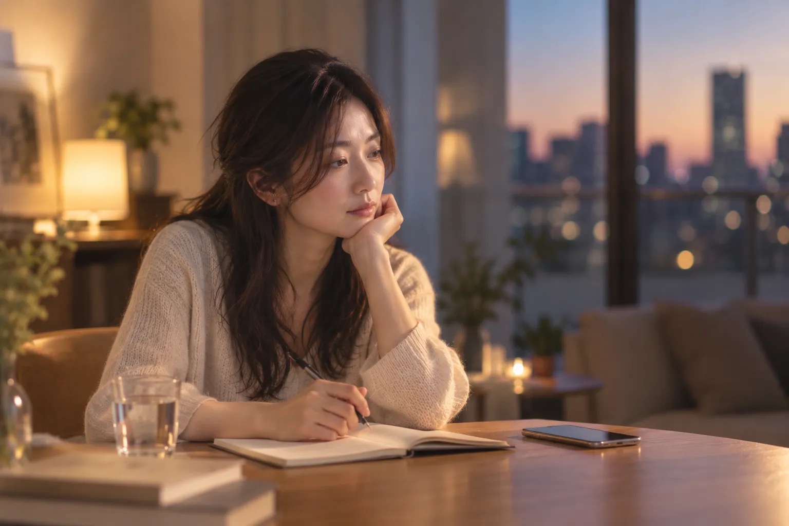 夕暮れの部屋で、ノートとペンを前に静かに考えている女性