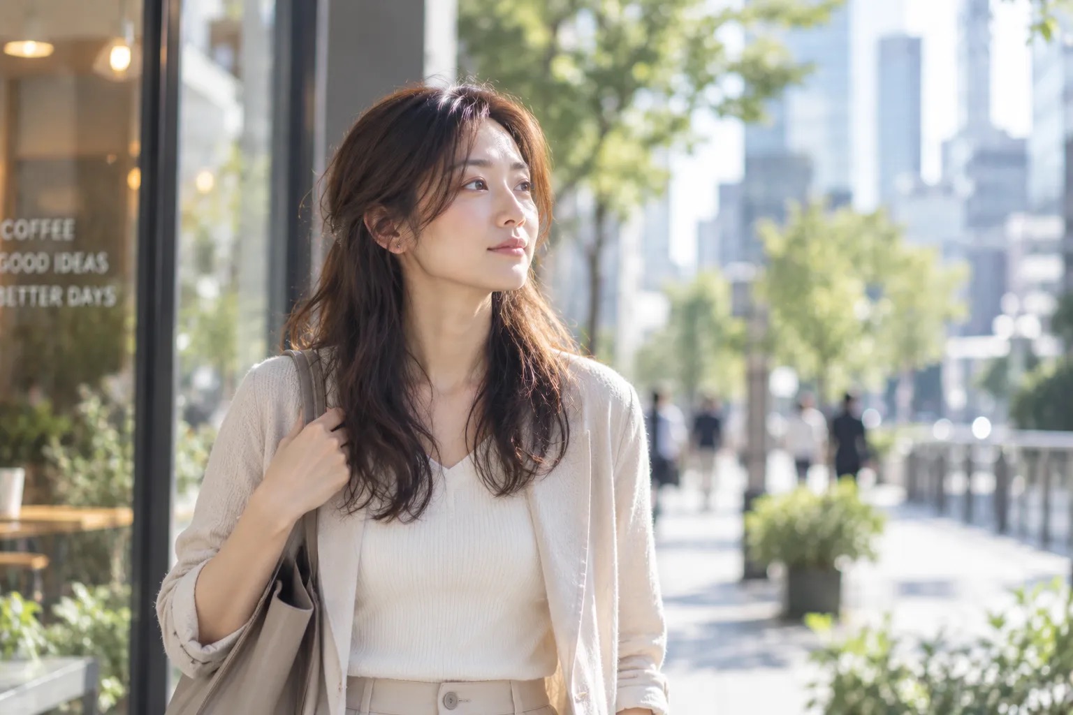 街路を歩きながら、少し先へ視線を向けている女性